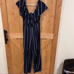 𝅺atlar’d STATE blue with white strip ruffle top jumpsuit with straight leg